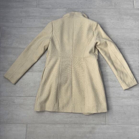 Jessica Simpson Jacquard Wool Coat Beige Gold Buttons Pockets Lined Long Jacket - Picture 8 of 9